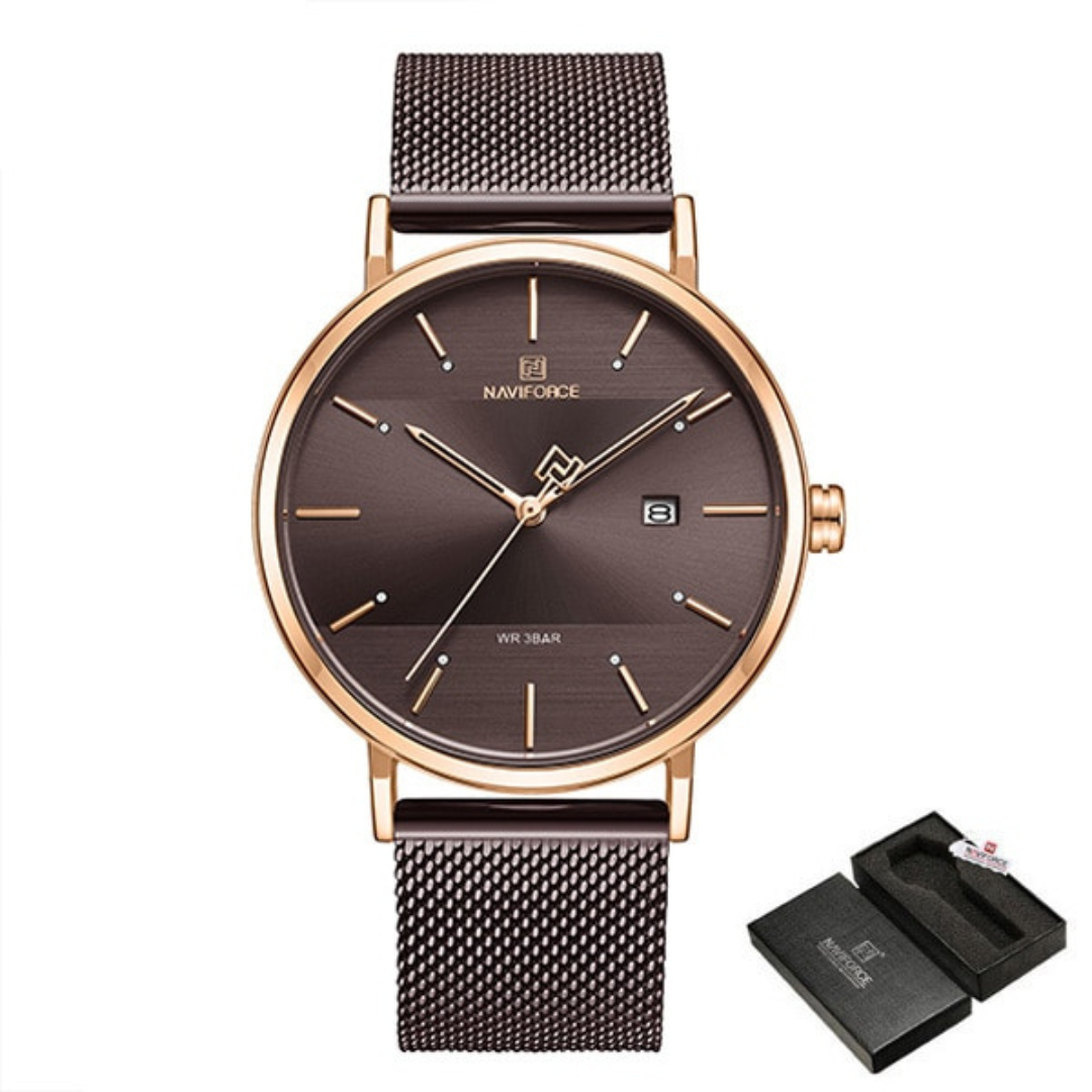 Relógio feminino modelo Navi com design casual, mostrador azul e pulseira metálica ajustável