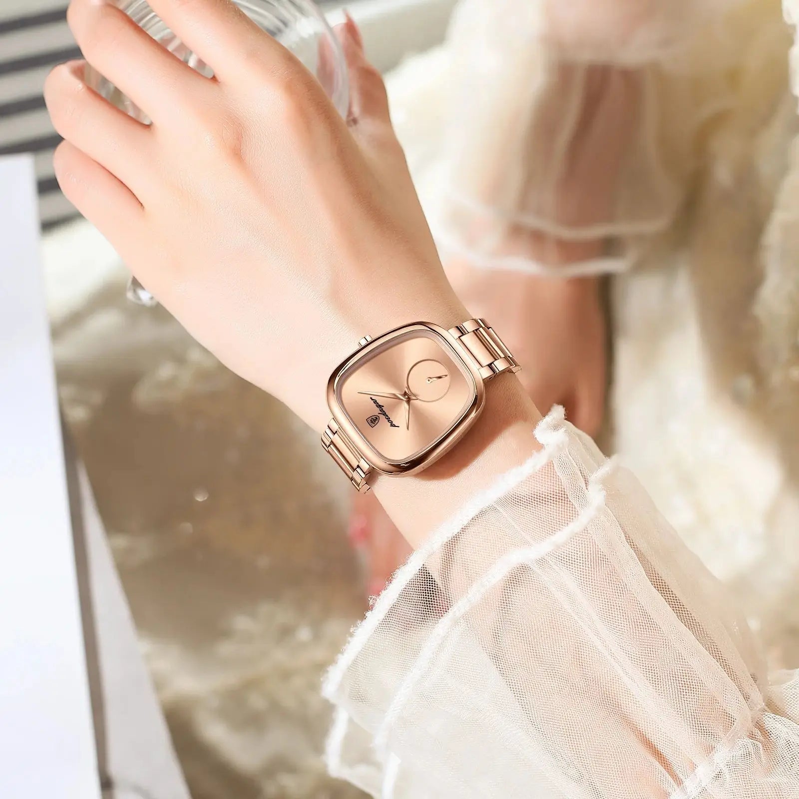 Relógio feminino rose gold com mostrador elegante e pulseira metálica luxuosa