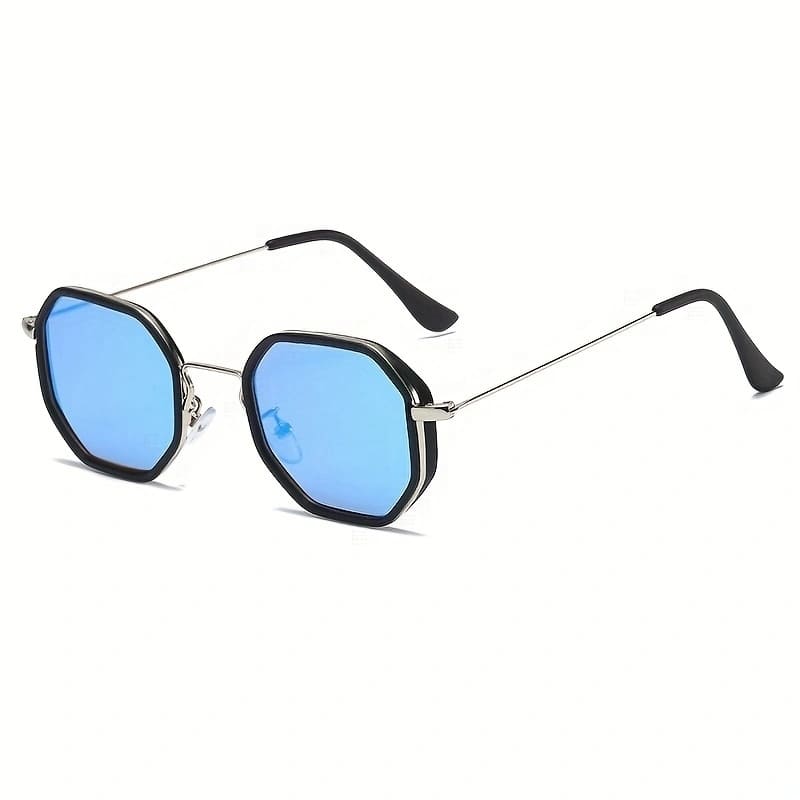 Óculos de sol feminino com lente espelhada azul e formato poligonal, acessório moderno para visuais fashionistas