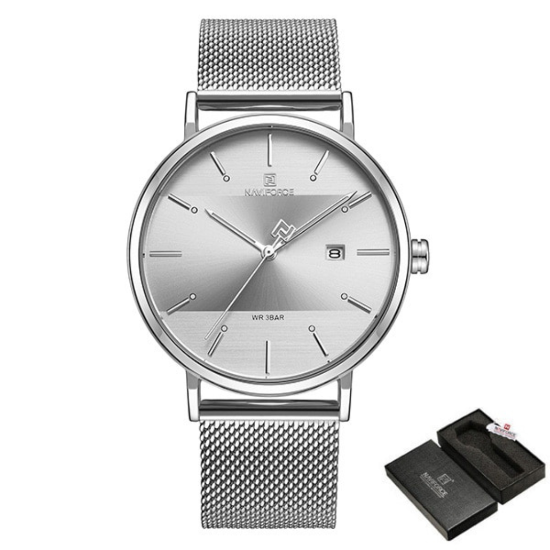 Relógio feminino modelo Navi com design casual, mostrador azul e pulseira metálica ajustável