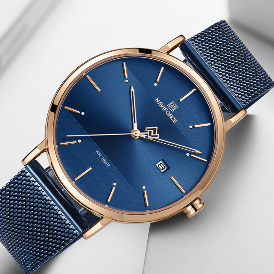 Relógio feminino modelo Navi com design casual, mostrador azul e pulseira metálica ajustável