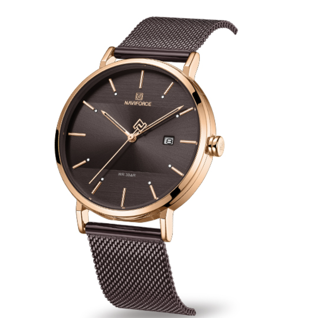 Relógio feminino modelo Navi com design casual, mostrador azul e pulseira metálica ajustável