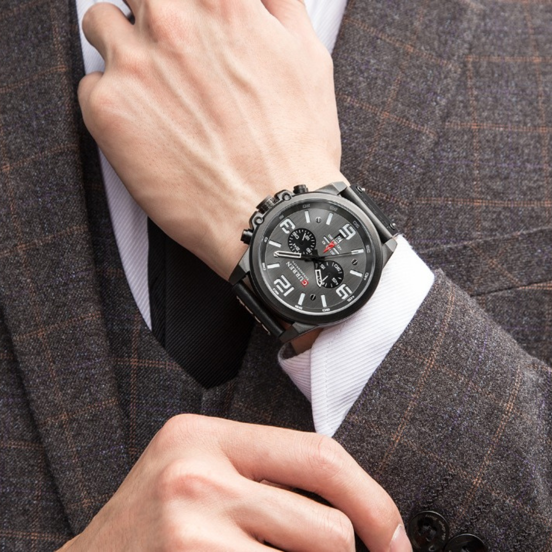 Relógio masculino premium com design robusto, pulseira esportiva e mostrador com cronógrafo