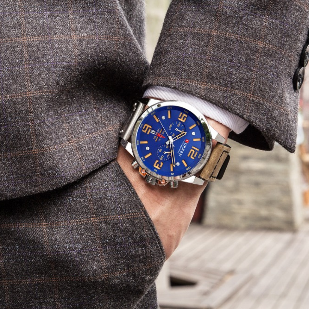 Relógio masculino premium com design robusto, pulseira esportiva e mostrador com cronógrafo