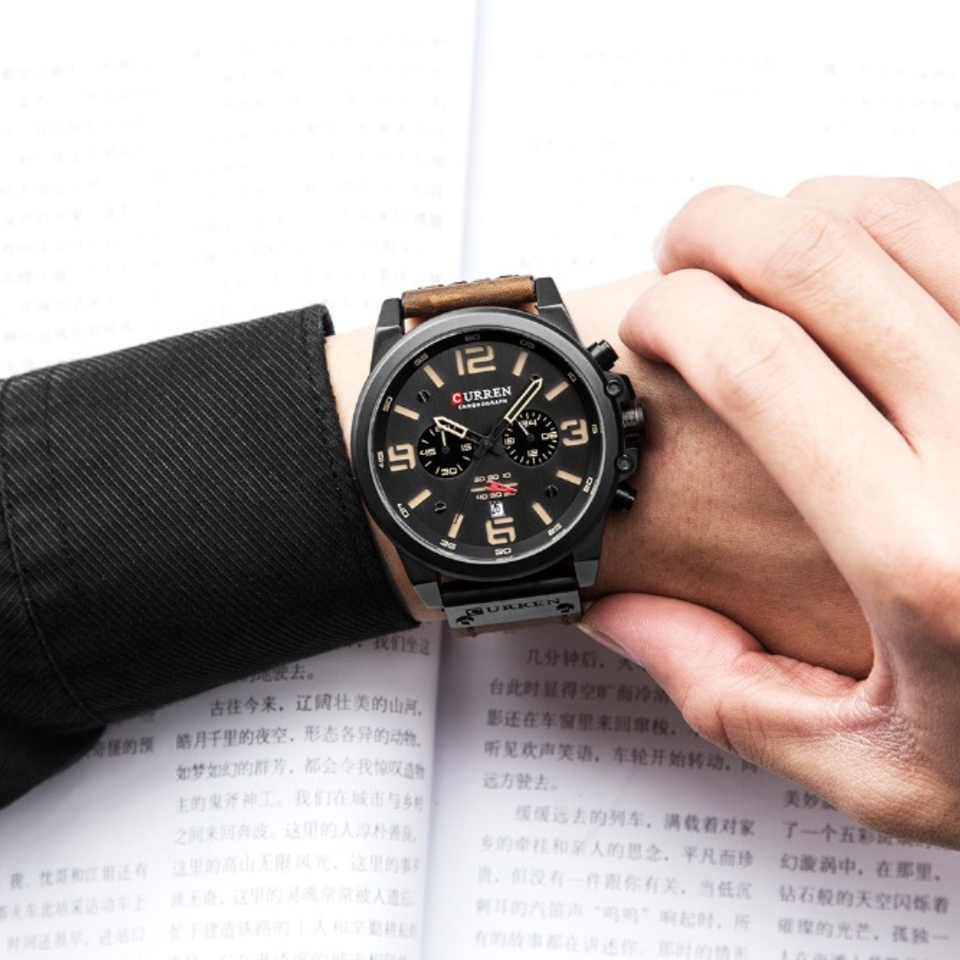 Relógio masculino premium com design robusto, pulseira esportiva e mostrador com cronógrafo