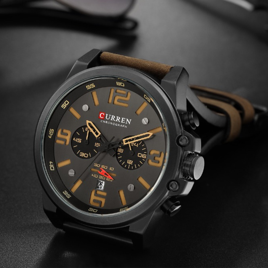 Relógio masculino premium com design robusto, pulseira esportiva e mostrador com cronógrafo
