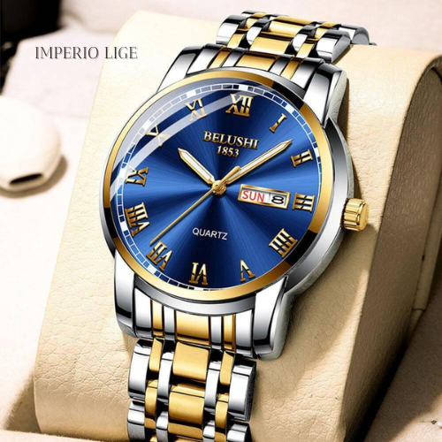 Relógio masculino Imperio LIGE Marseille com mostrador refinado e pulseira dourada. Um acessório luxuoso que combina com trajes formais e sociais.