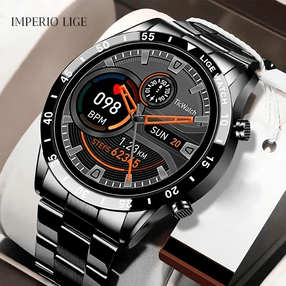 Smartwatch original Imperio LIGE com acabamento premium e funções inteligentes. Perfeito para homens modernos que valorizam design e performance.