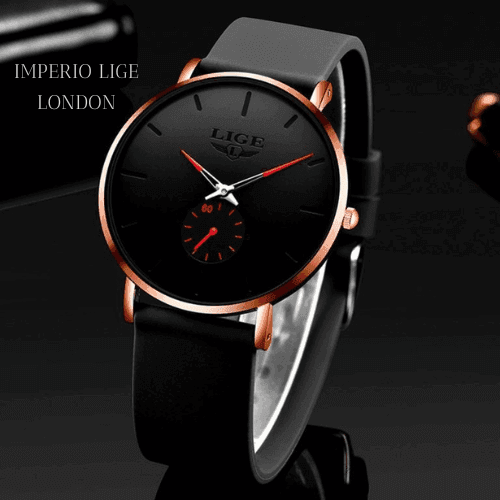 Relógio de pulso masculino minimalista Imperio LIGE London com mostrador limpo e pulseira de couro. A escolha ideal para compor looks elegantes e discretos.