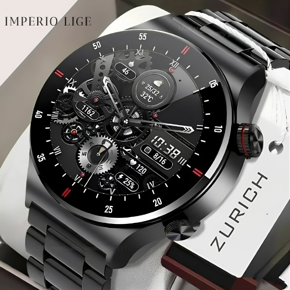 Smartwatch de luxo masculino Imperio Lige Zurich com tela touch, pulseira metálica e design sofisticado. Ideal para quem busca tecnologia com estilo.