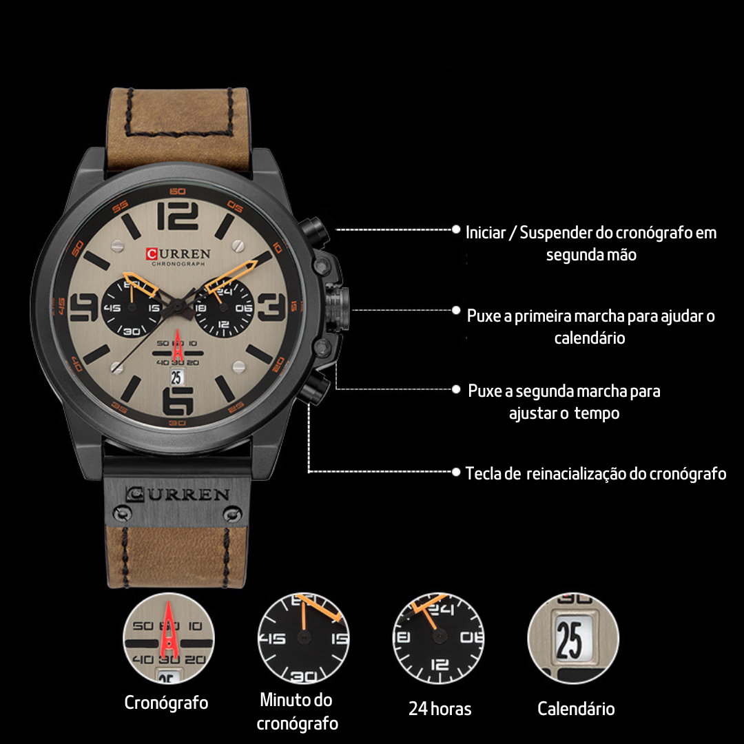Relógio masculino premium com design robusto, pulseira esportiva e mostrador com cronógrafo