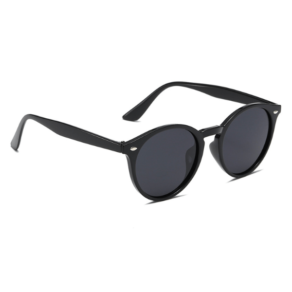 Óculos de sol feminino com armação redonda preta e lente escura polarizada, estilo retrô elegante com proteção solar