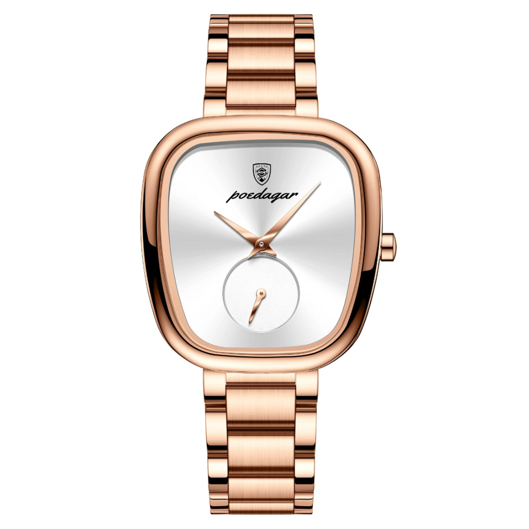 Relógio feminino rose gold com mostrador elegante e pulseira metálica luxuosa