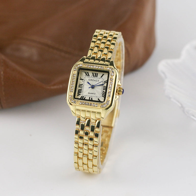 Relógio feminino Grealy com pulseira refinada e mostrador minimalista em tons dourados e brancos