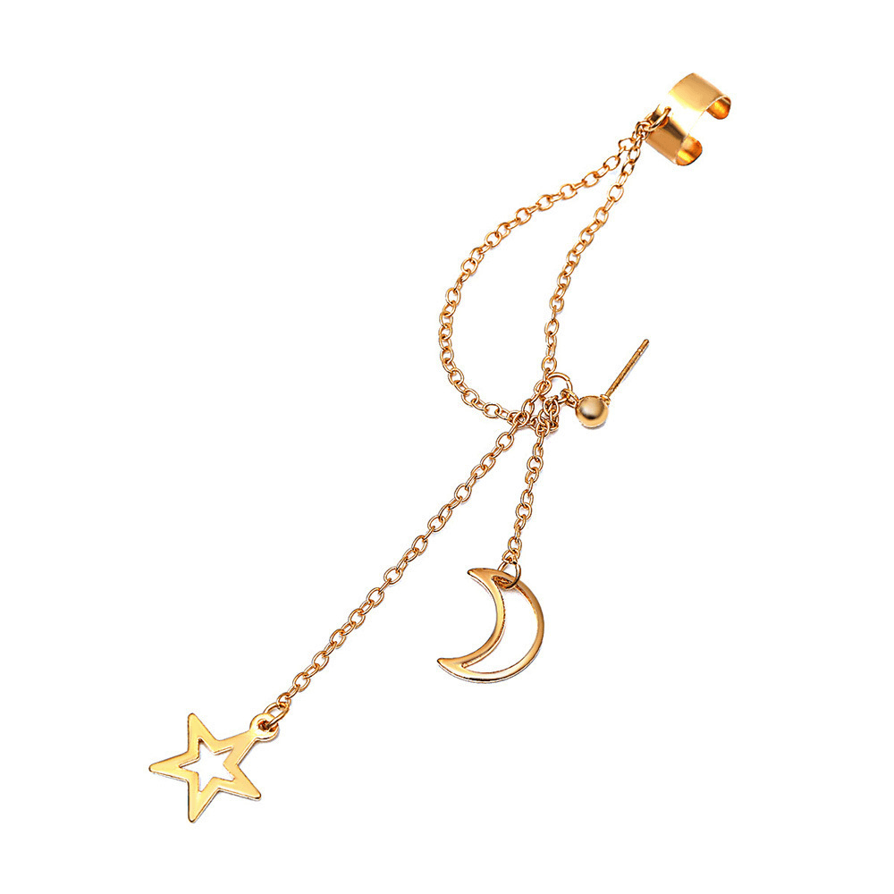 Brinco feminino celestial com design de estrela e lua em prata dourada