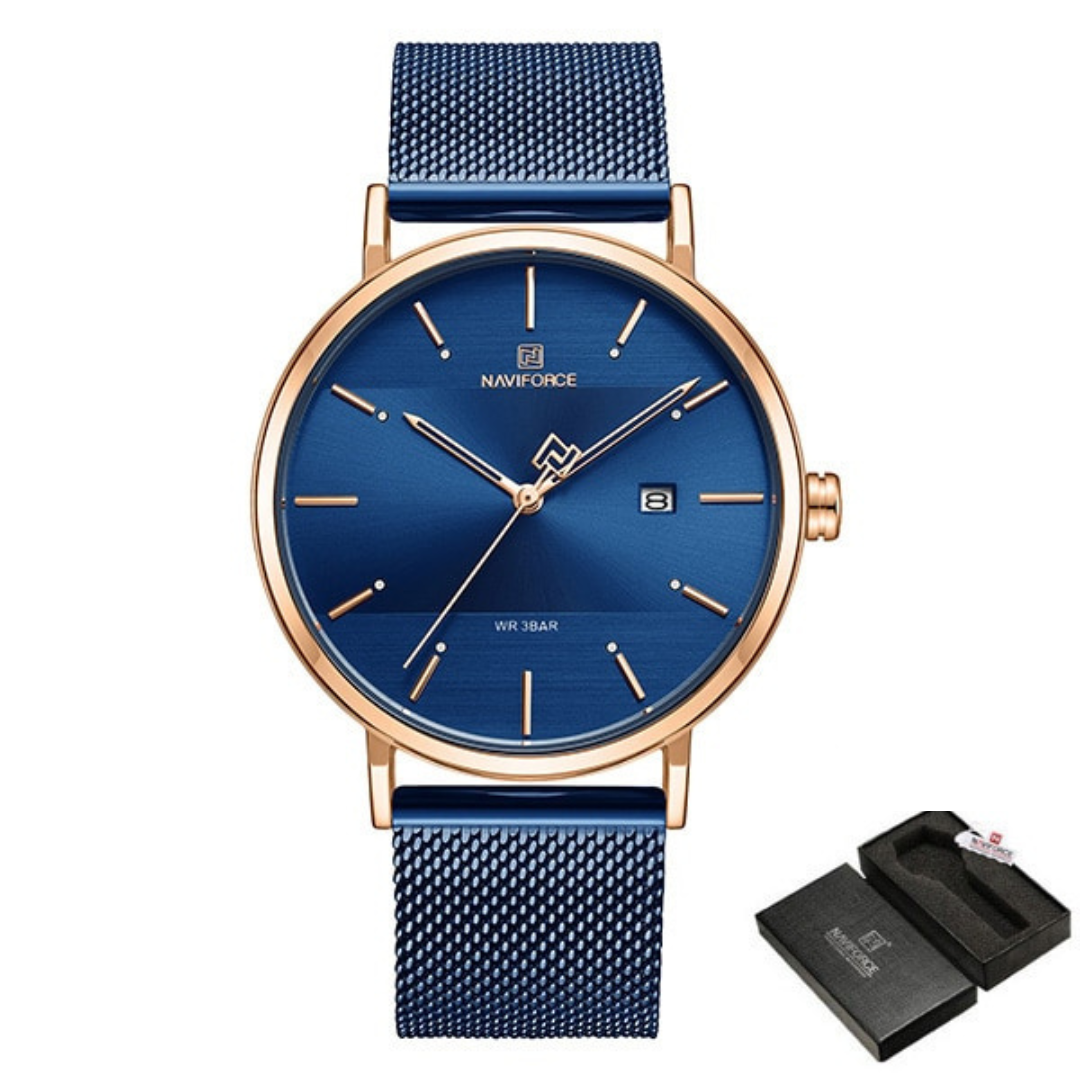 Relógio feminino modelo Navi com design casual, mostrador azul e pulseira metálica ajustável