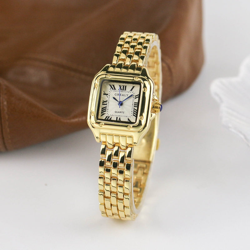 Relógio feminino Grealy com pulseira refinada e mostrador minimalista em tons dourados e brancos