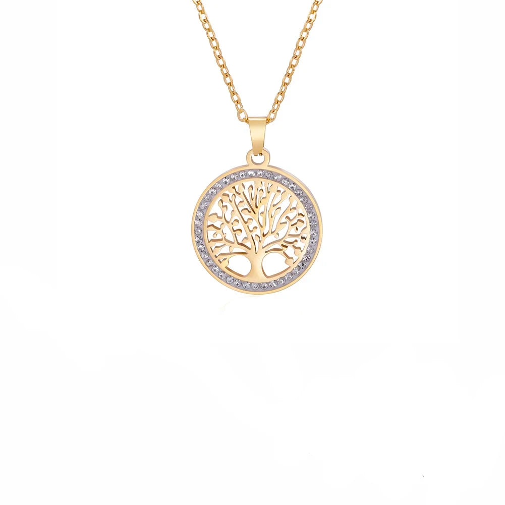 Colar feminino redondo em aço inox dourado com pingente estilizado Tress