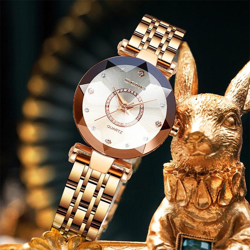 Relógio feminino de luxo Imperio LIGE Valencia com pulseira metálica cravejada e mostrador elegante. Um acessório que une charme, classe e requinte.
