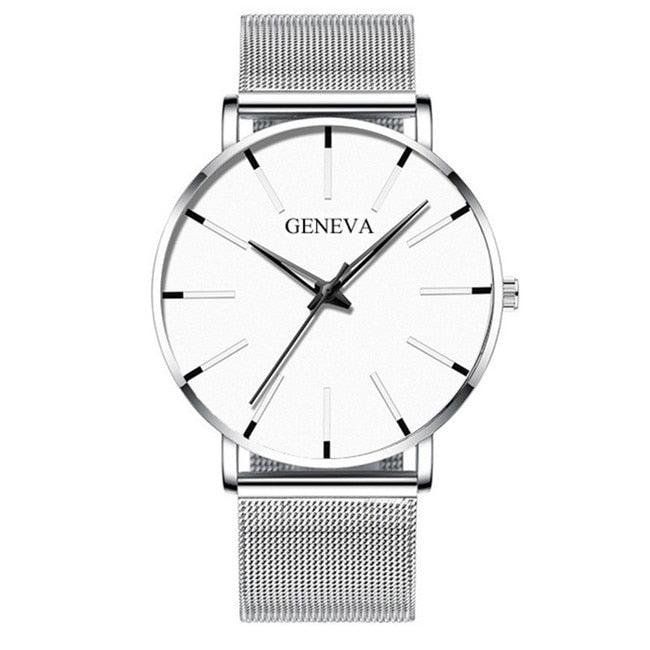 Relógio minimalista Imperio LIGE Geneva com mostrador simples e pulseira preta. Ideal para composições discretas com toque moderno e funcional.