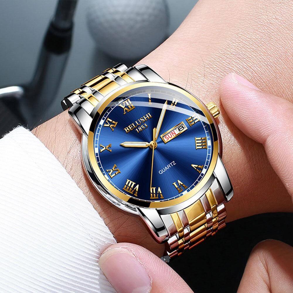 Relógio masculino Imperio LIGE Marseille com mostrador refinado e pulseira dourada. Um acessório luxuoso que combina com trajes formais e sociais.