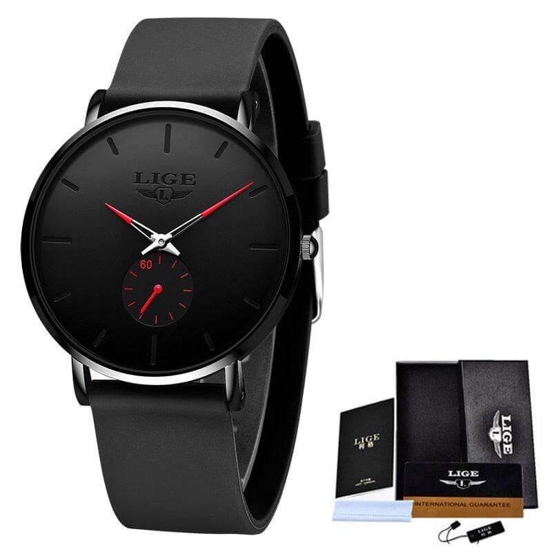 Relógio de pulso masculino minimalista Imperio LIGE London com mostrador limpo e pulseira de couro. A escolha ideal para compor looks elegantes e discretos.