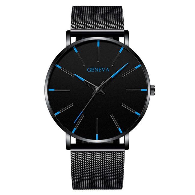 Relógio minimalista Imperio LIGE Geneva com mostrador simples e pulseira preta. Ideal para composições discretas com toque moderno e funcional.