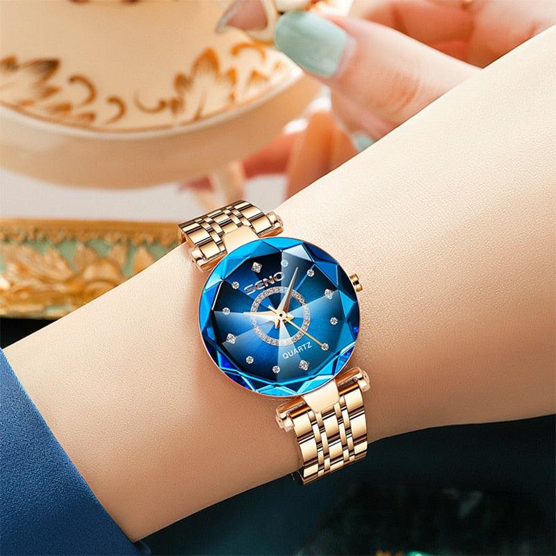 Relógio feminino de luxo Imperio LIGE Valencia com pulseira metálica cravejada e mostrador elegante. Um acessório que une charme, classe e requinte.