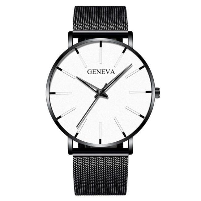 Relógio minimalista Imperio LIGE Geneva com mostrador simples e pulseira preta. Ideal para composições discretas com toque moderno e funcional.