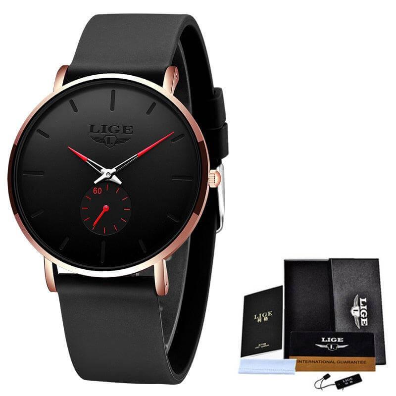 Relógio de pulso masculino minimalista Imperio LIGE London com mostrador limpo e pulseira de couro. A escolha ideal para compor looks elegantes e discretos.