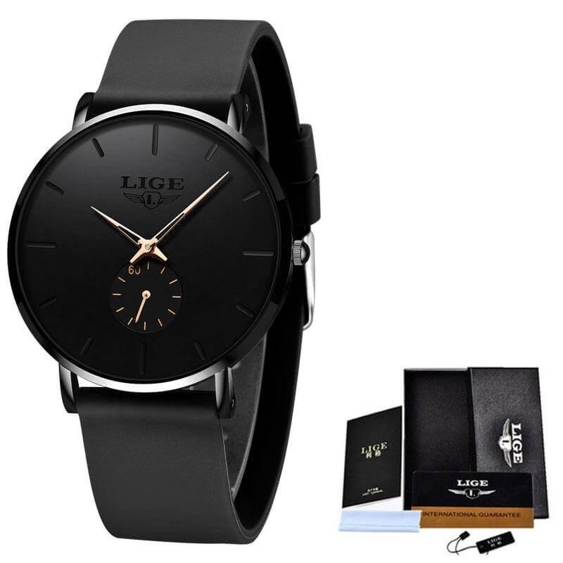 Relógio de pulso masculino minimalista Imperio LIGE London com mostrador limpo e pulseira de couro. A escolha ideal para compor looks elegantes e discretos.