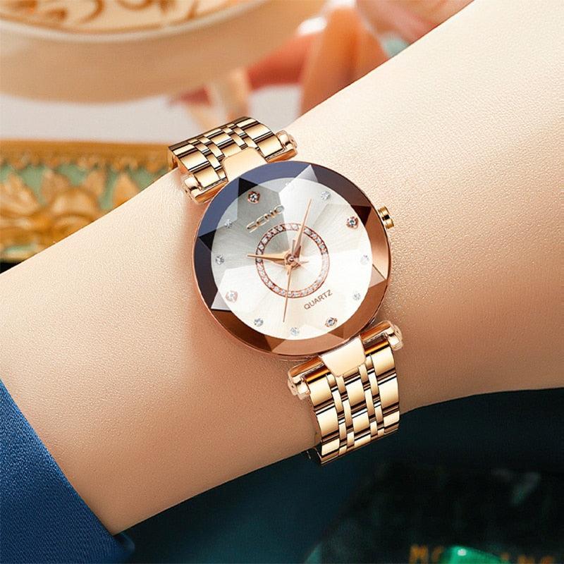 Relógio feminino de luxo Imperio LIGE Valencia com pulseira metálica cravejada e mostrador elegante. Um acessório que une charme, classe e requinte.