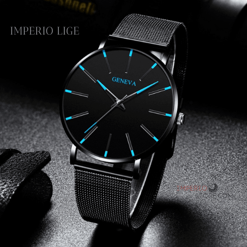Relógio minimalista Imperio LIGE Geneva com mostrador simples e pulseira preta. Ideal para composições discretas com toque moderno e funcional.
