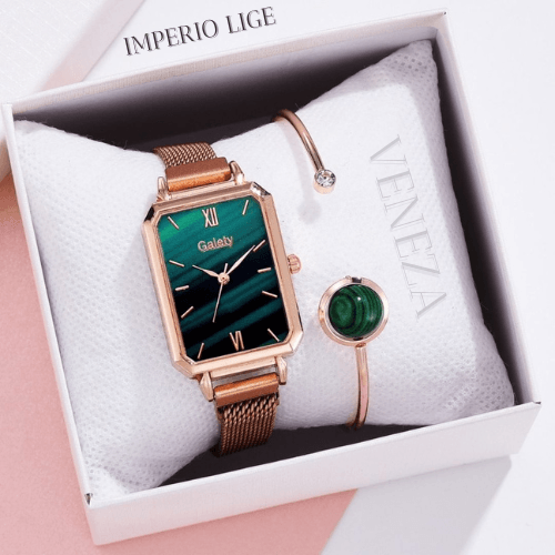 Relógio feminino original Imperio LIGE Veneza com detalhe em malaquita verde. Design arrojado e exclusivo para quem busca elegância incomum