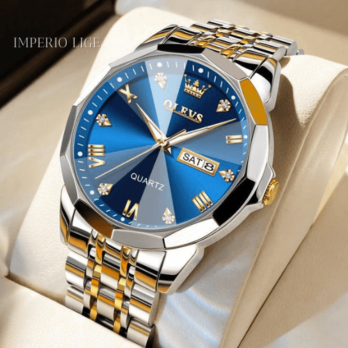 Relógio masculino de luxo Imperio LIGE Diamond com acabamento dourado e pedras decorativas. Modelo impactante para eventos e ocasiões especiais.