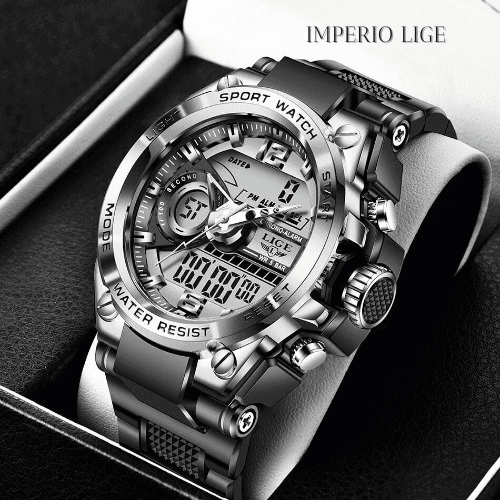 Relógio masculino clássico Imperio LIGE modelo Cairo com acabamento prateado e detalhes marcantes. Estilo tradicional com toque contemporâneo.