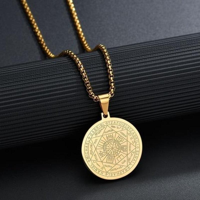 Medalhão espiritual em prata com selo dos 7 Arcanjos e corrente ajustável